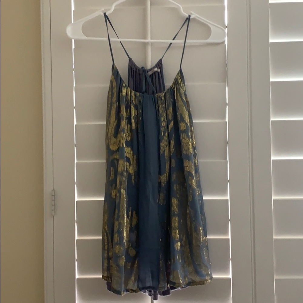 Language gold & dusty blue flowy top!